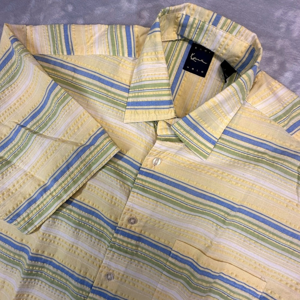 Karl Kani Button Up Mens L Yellow Gold Striped Short Sleeve Seersucker Shirt